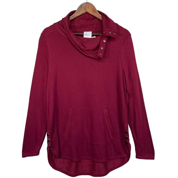 Sunday Pullover Sweater Women Size L Red Long Sleeve Cowl Neck Kangaroo Pockets - Picture 1 of 7